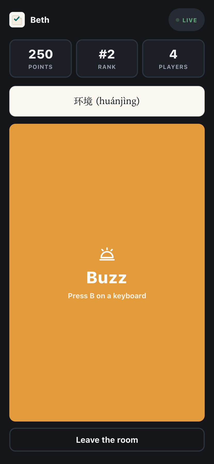 FlashKeepers Buzzer game on a phone with a big Buzz button