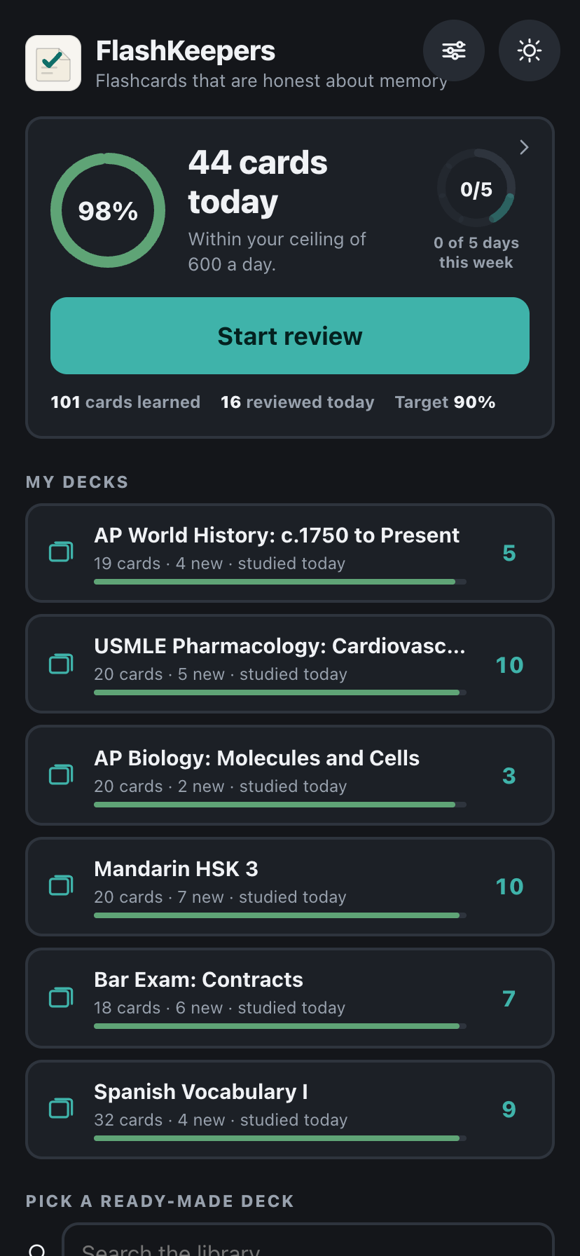FlashKeepers home screen showing retention and cards due today
