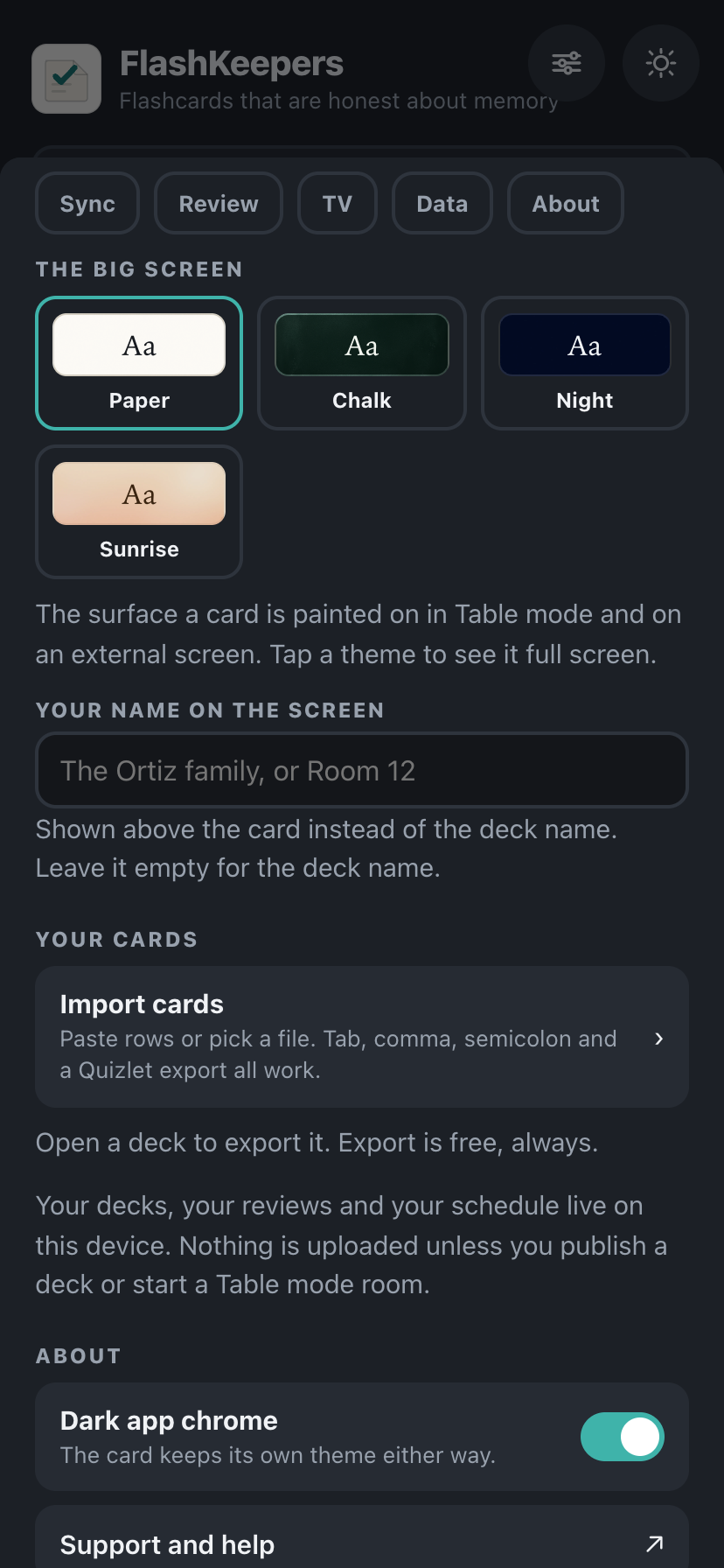 FlashKeepers Pro TV themes: Paper, Chalk, Night, Sunrise