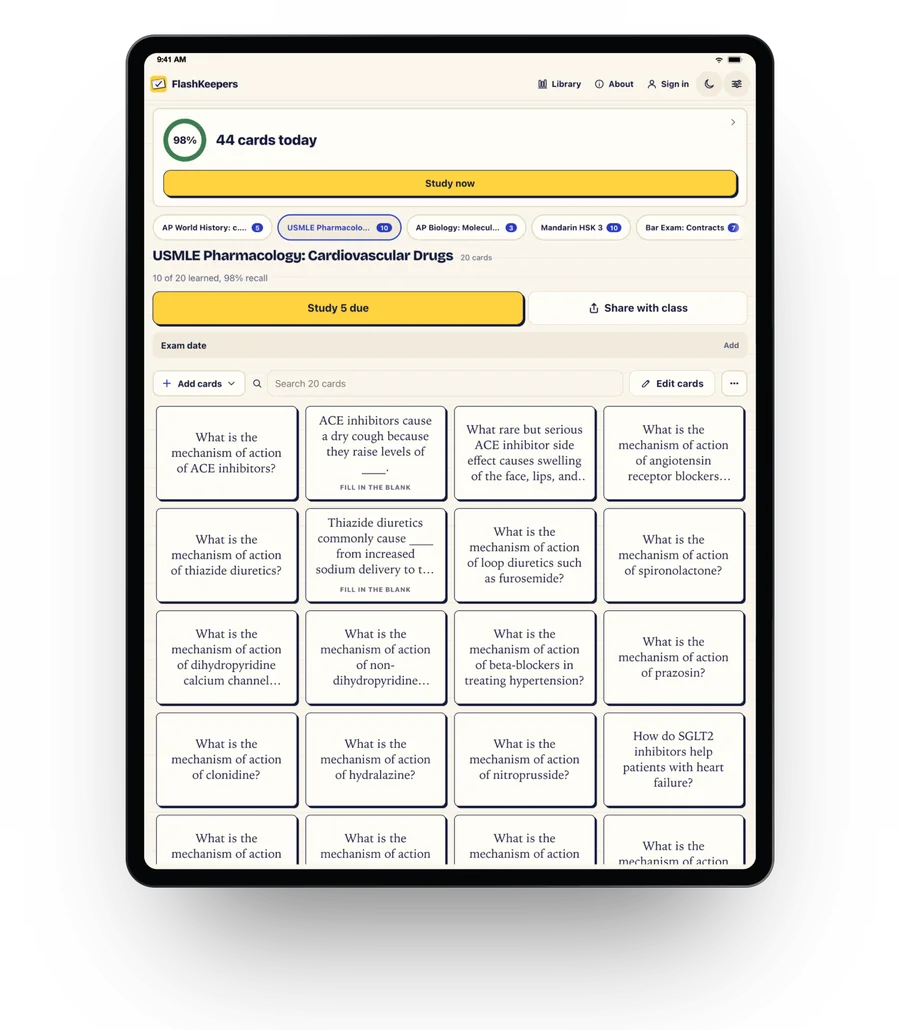 FlashKeepers on iPad: the day's cards, a deck and its cards side by side