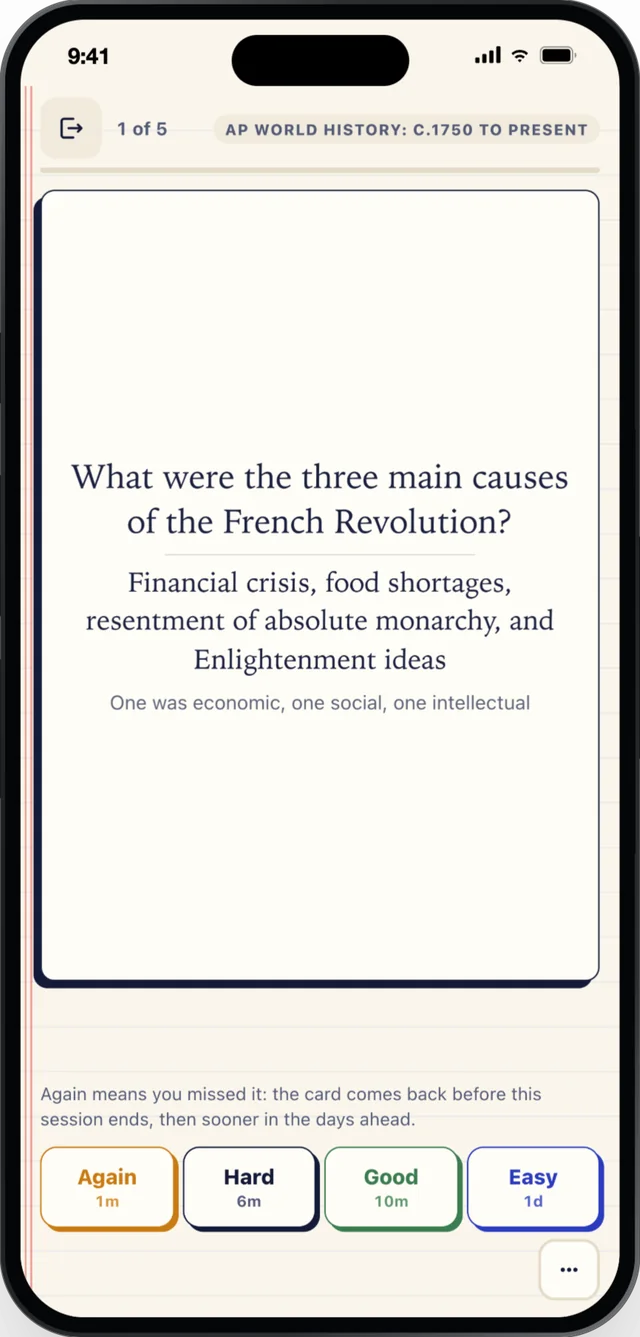 A review card with Again, Hard, Good and Easy buttons, each showing when the card returns