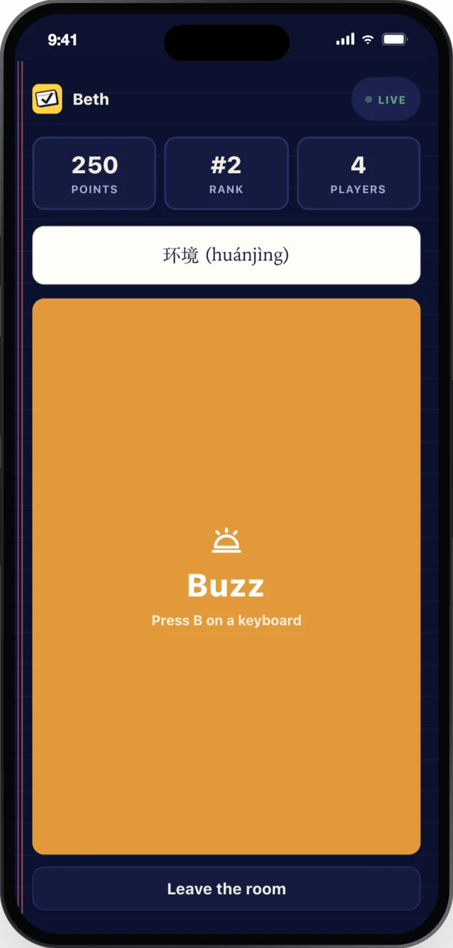 A player's phone in a Buzzer game, showing points, rank and a large Buzz button
